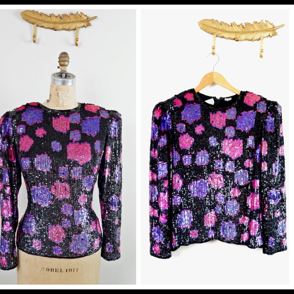80's Art Deco Sequin RINA Z Silk purple blouse